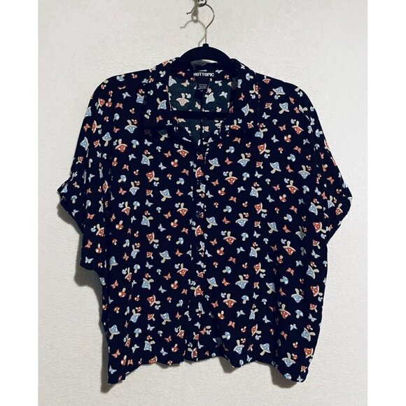 Hot Topic Top Womens Large Black Mushroom Butterfly Crop Button Up Boxy Boho - Picture 2 of 9